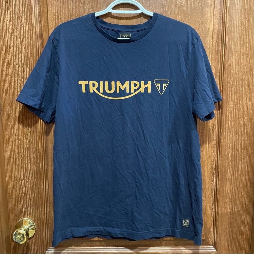 Triumph Navy Blue Tee with Gold Logo Classic Fit Crewneck Mens Size Large